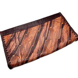 Vintage Artisan Leather Pouch Laced Zip Closure Patterned 9 x 4.75 inches
